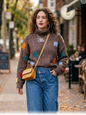 Oak + Fort LUNA Chunky Turtleneck Sweater Brown Colorblock Square Knit OS